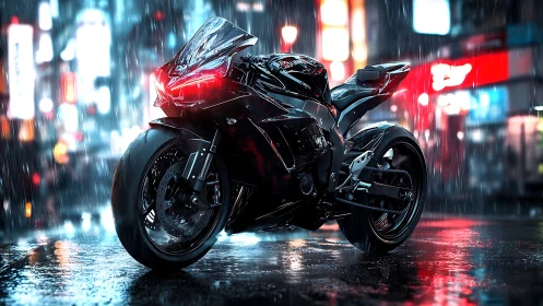 Futuristic sport motorcycle in neon lit rainy city street.