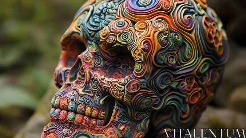 Psychedelic spiral skull sculpted from swirling twilight clay.