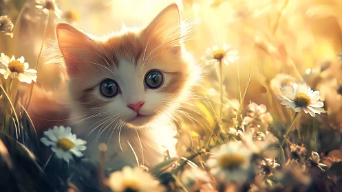 Feline Subject with Striking Blue Ocular Features Positioned in Warm-Toned Floral Field Environment