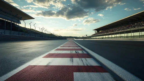 Sunlit raceway horizon poised for thunderous speedstorms.