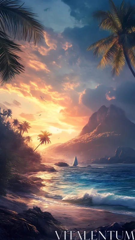 Tropical Sunset Coastline with Palm Trees and Sailboat.