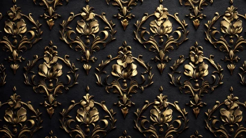 Ornate gold baroque floral pattern on dark textured background.