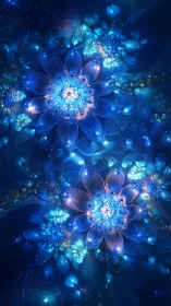 Starlit blue fractal flowers glow softly in a dreamy night sky