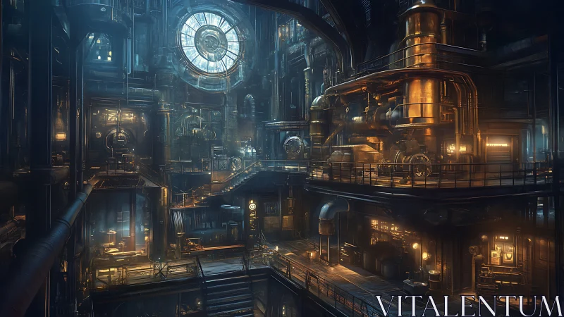 Industrial interior with pipes, walkways and central clock window.