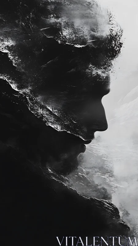 Monochrome male profile fused with turbulent ocean textures