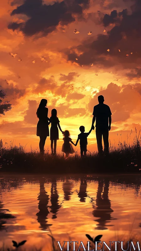 Silhouetted family stands by water under vivid sunset sky