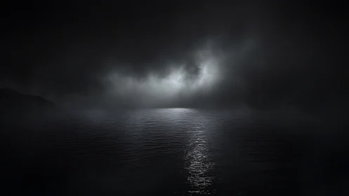 Soft moonlit glow over a quiet, misty night ocean.