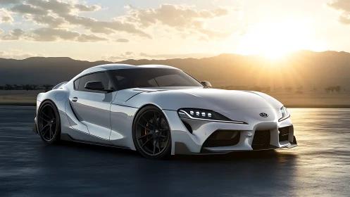 Sunlit silver street predator poised on glowing horizon asphalt.