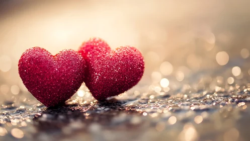 Two Red Glitter Hearts Resting on Sparkle Surface.