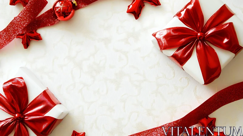 White gift boxes with glossy red ribbon on festive backdrop