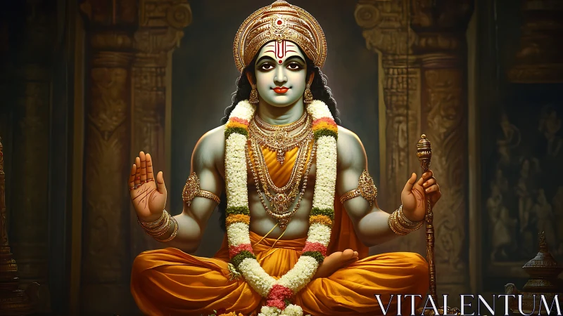 Serene blue-skinned deity seated in temple interior.