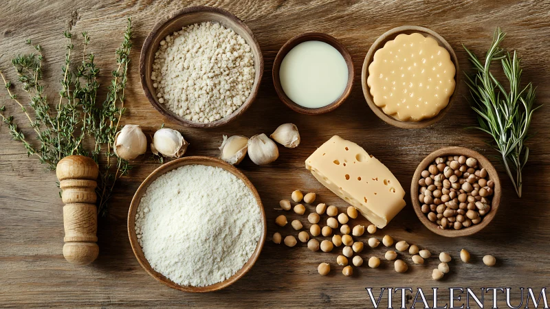 Rustic kitchen still life lines up cheese, grains and herbs