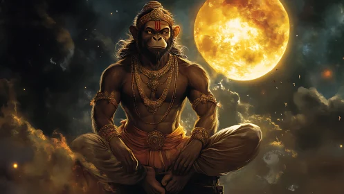 Digital painting of divine simian warrior under lunar halo.