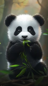 Bright-eyed baby panda enjoys a peaceful bamboo snack