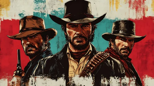 Three tough cowboys in bold Western digital artwork.