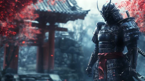 Armored samurai stands in red maple grove before shrine gate