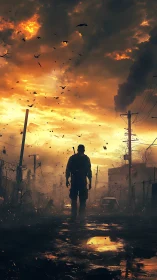 Lone figure walks through ruined street under burning sky