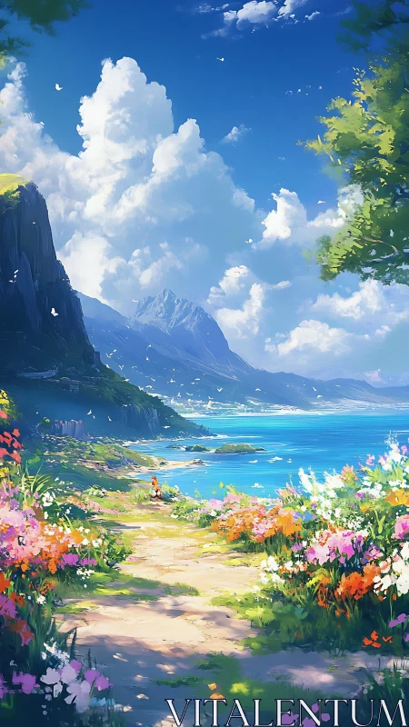 Sunlit coastal path winding through bright wildflower dreams.