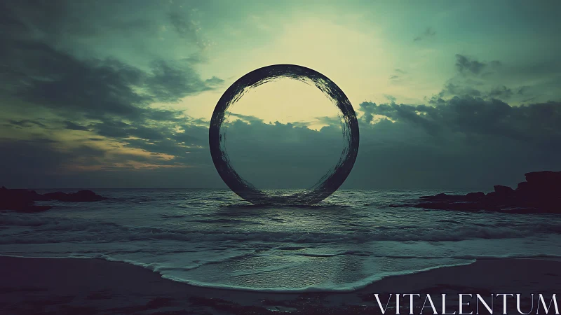 Hydrodynamic liquid ring hovering over dusk-lit ocean horizon