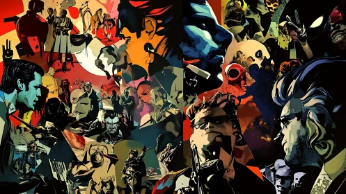 Neon Noir Collage of Chaotic Antiheroes in Split Worlds.