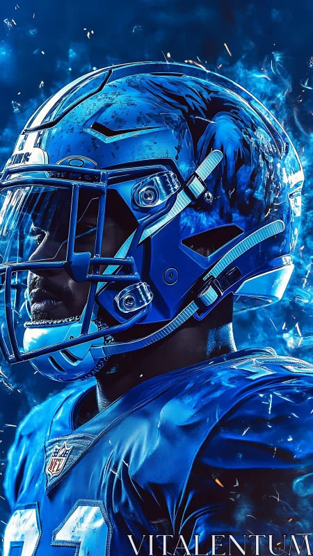 Digital portrait of football player in blue helmet gear.