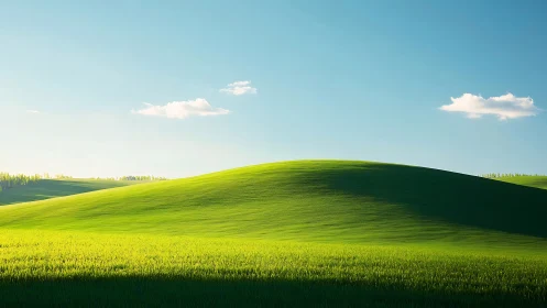 Sunlit parabolic grassland ridge under clear atmospheric sky.