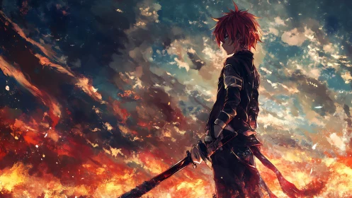 Red haired swordsman standing in front of blazing sky.