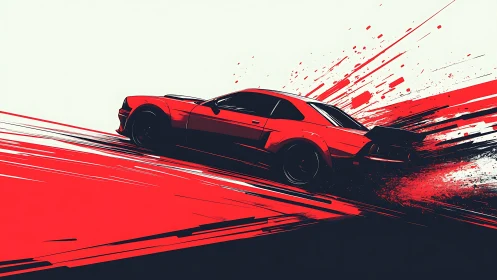 Red sports car skids across abstract red and black streaks