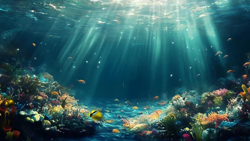 Sunlit coral reef with tropical fish in clear seawater.