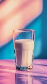 Glass of milk on reflective surface with neon lighting.