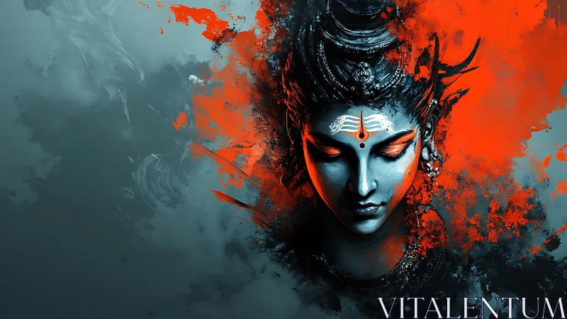 Divine blue visage emerges amid fiery abstract splashes.