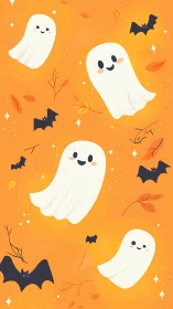 Cute white ghosts and bats float on bright orange background