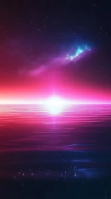 Neon cosmic sunrise glows over a tranquil futuristic sea