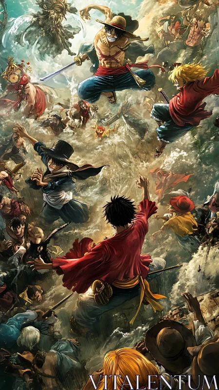 Intense pirate battle scene with central straw hat fighter.