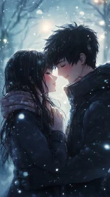 Snowlit anime couple embracing in close winter forehead kiss