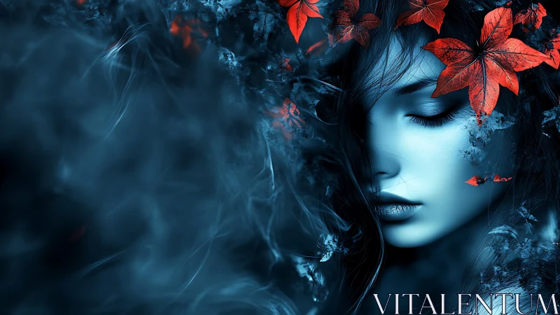 Bioluminescent cyan portrait with scarlet foliage crown contrast