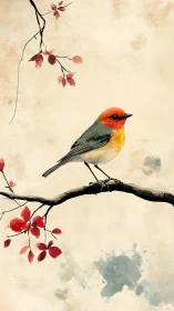 Small perched bird is illustrated on a horizontal branch