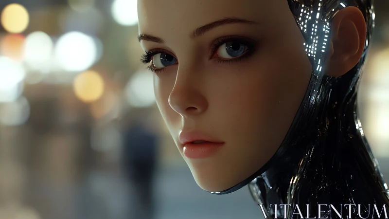 Cybernetic woman gazes through neon city bokeh lights.