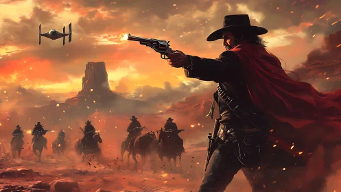Gunslinger confronting sci‑fi aircraft in desert canyon scene.