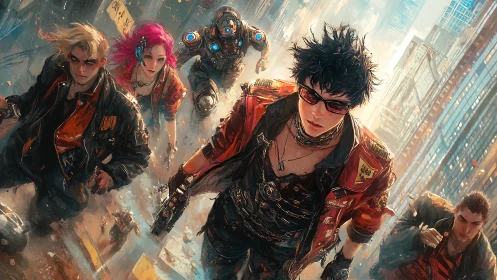 Cyberpunk street crew charge in dynamic urban perspective.