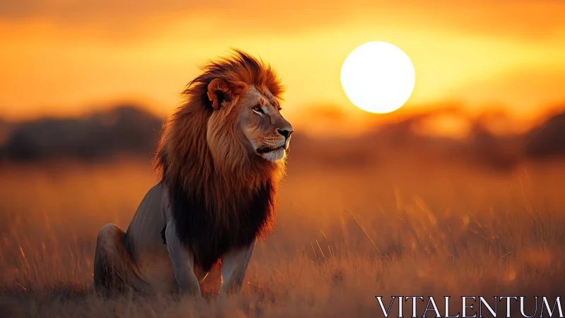 Male lion studies savanna horizon under intense sunset light