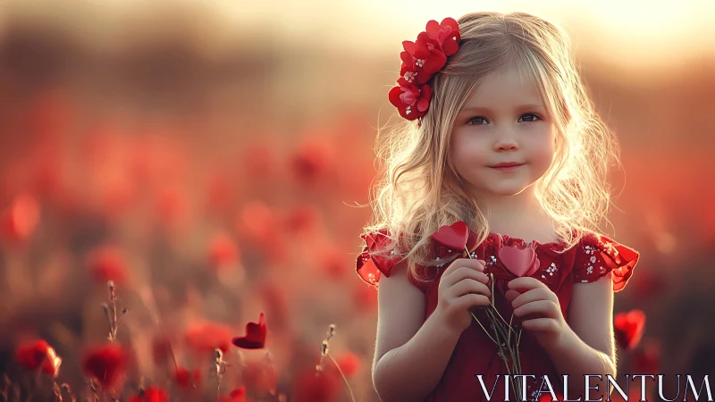 Sweet child surrounded by vibrant poppies in golden sunlight.