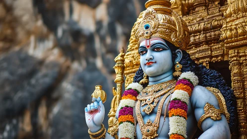 Gentle blue deity framed by gold and blossoms in calm focus.