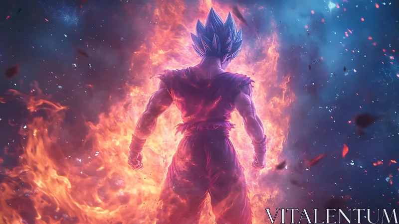 Fiery cosmic hero rising in a storm of starlit embers.