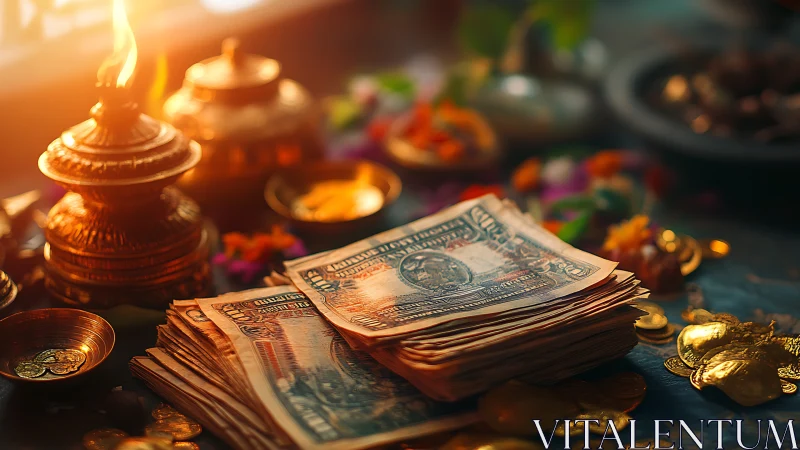 Ritual altar money stack under warm golden lamp glow.