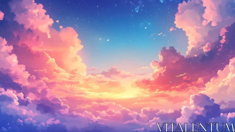 Radiant celestial sunset over painterly pastel clouds.