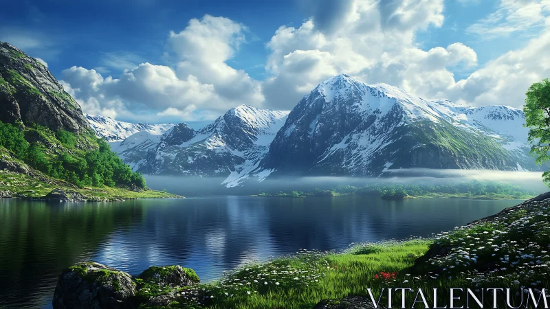 Snowcapped mountains rise over a tranquil reflective fjord