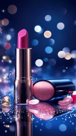 Glamorous pink lipstick sparkles amid festive bokeh lights.