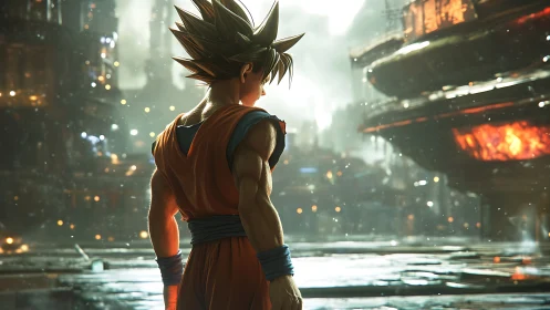 Heroic warrior pauses upon a neon drenched burning city.