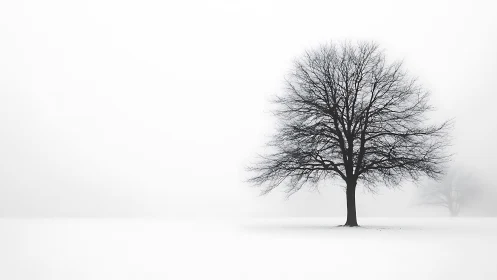 Leafless tree in winter landscape under dense fog conditions.